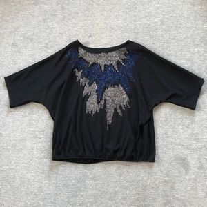 Vintage Smart Lady Black Top With Blue/Silver Sparkle Design